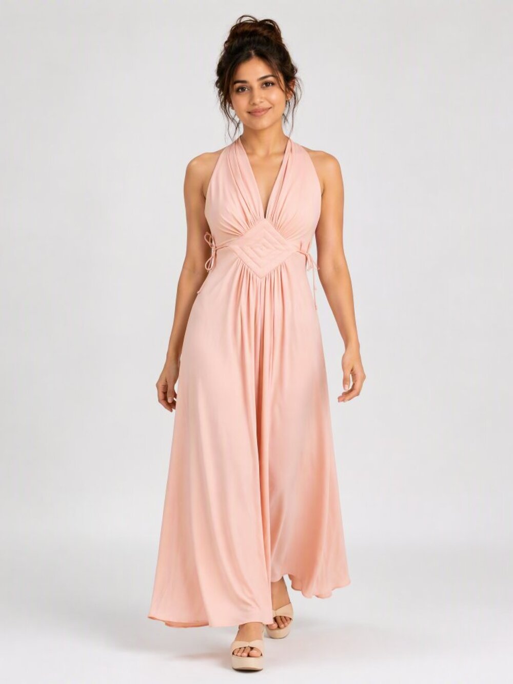 Vintage 70's Coral Pink Sleeveless Goddess Maxi Dress S 26" waist